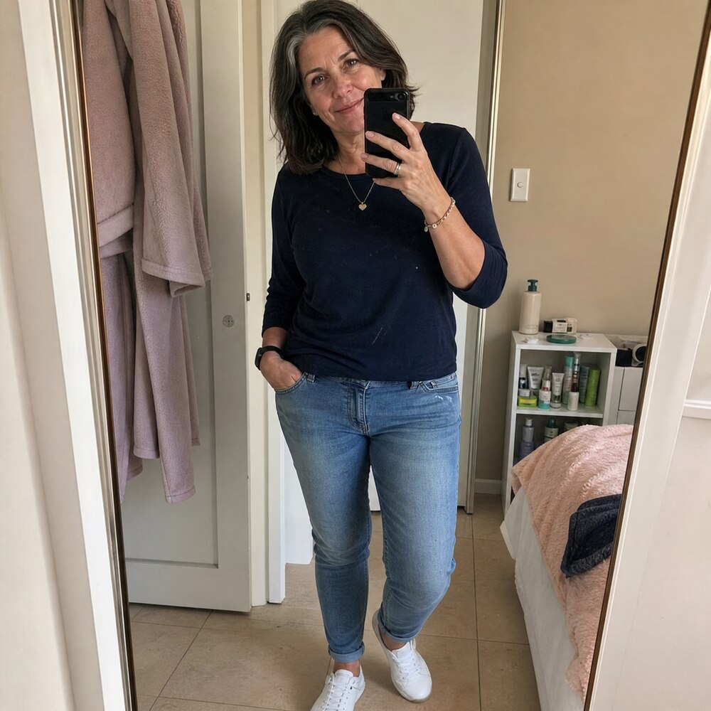 Diane Whitlock wearing Rosie's Easy Steps sneakers, mirror photo