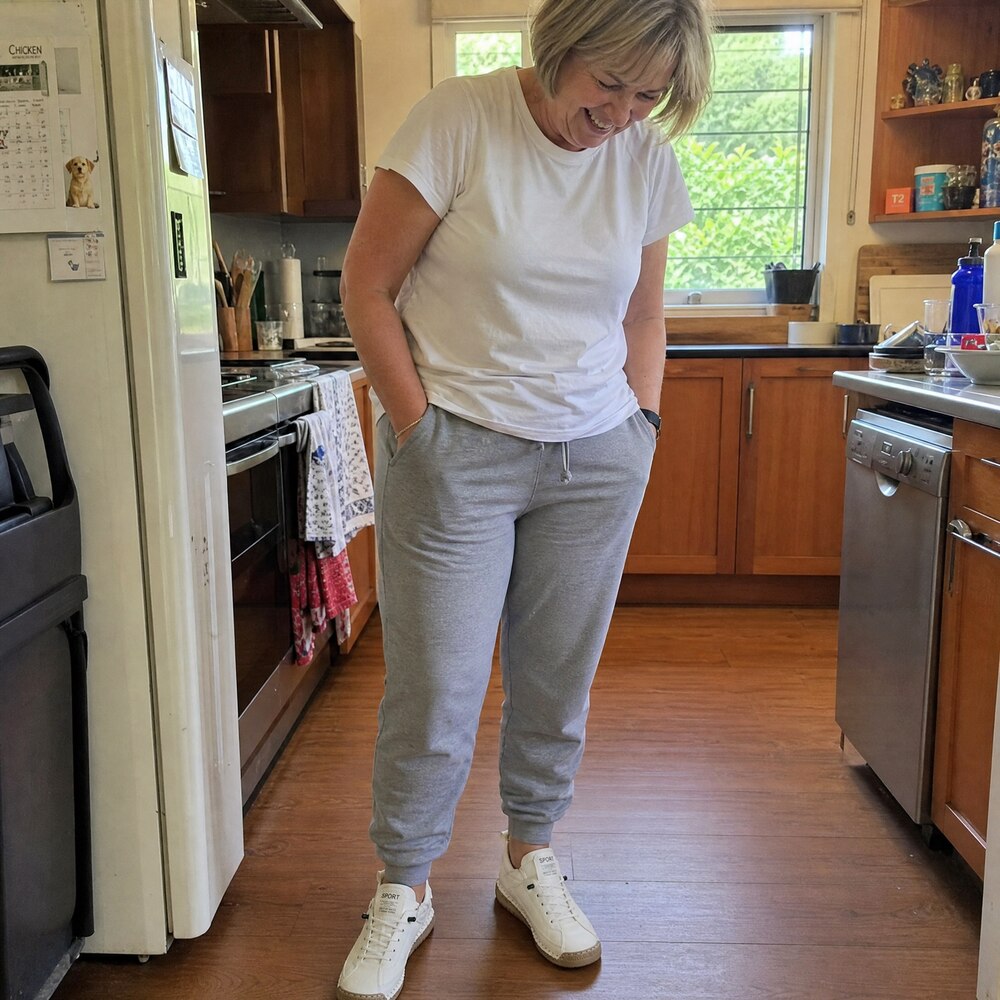 Margaret Ellis wearing Rosie's Easy Steps sneakers in her kitchen