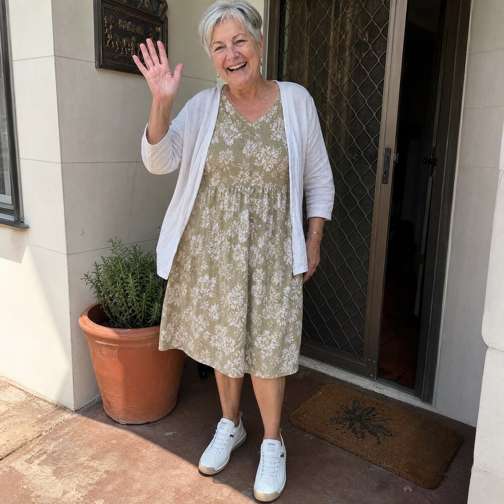 Sandra Cole wearing Rosie's Easy Steps sneakers by her front door