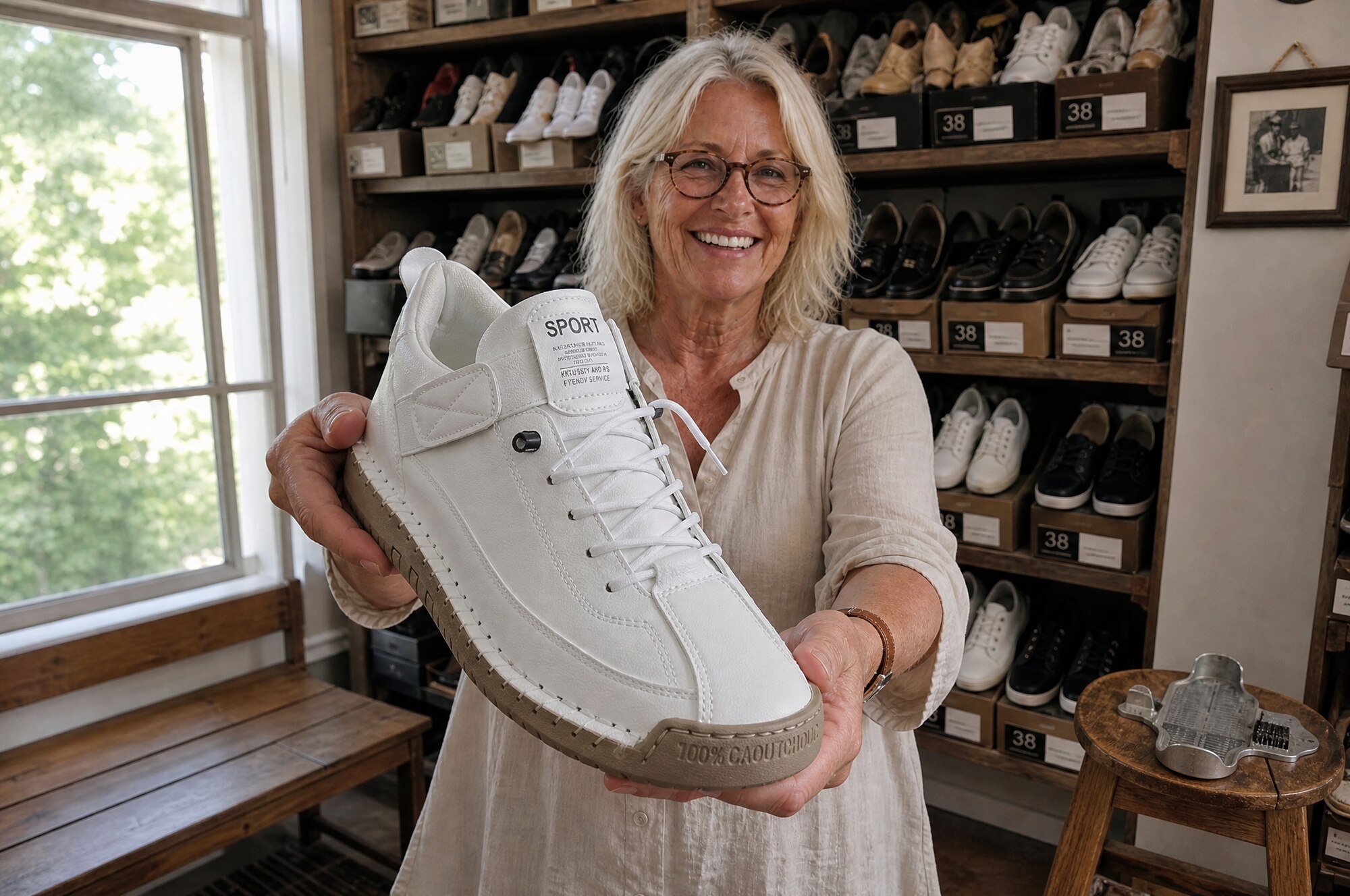 Rosie holding one of her sneakers in the Noosa shop, shelves of colourways behind her