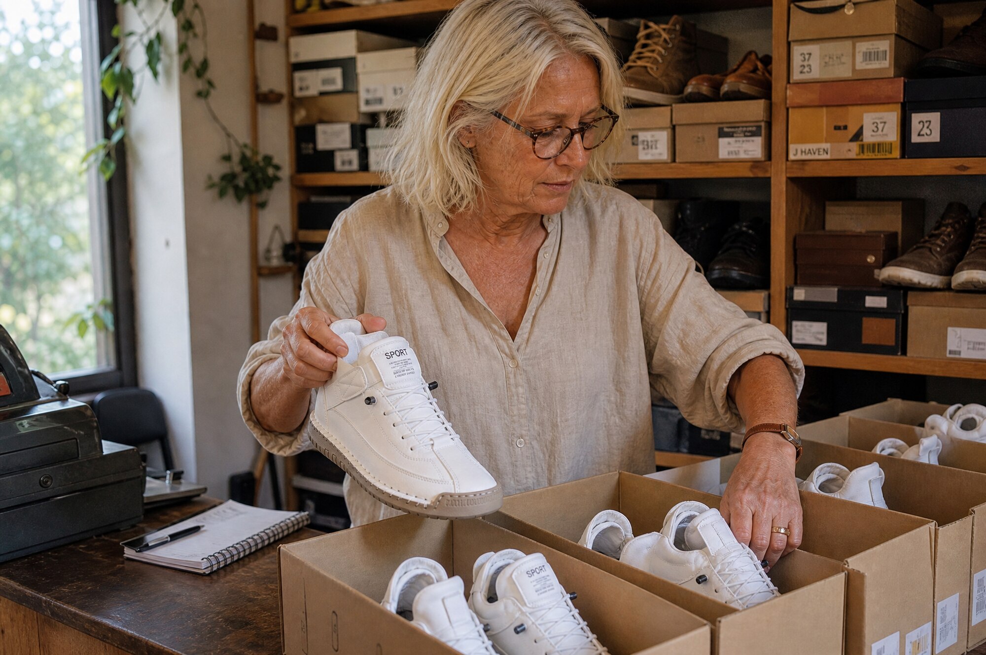 Rosie behind the counter of the Noosa shoe shop, sorting stock
