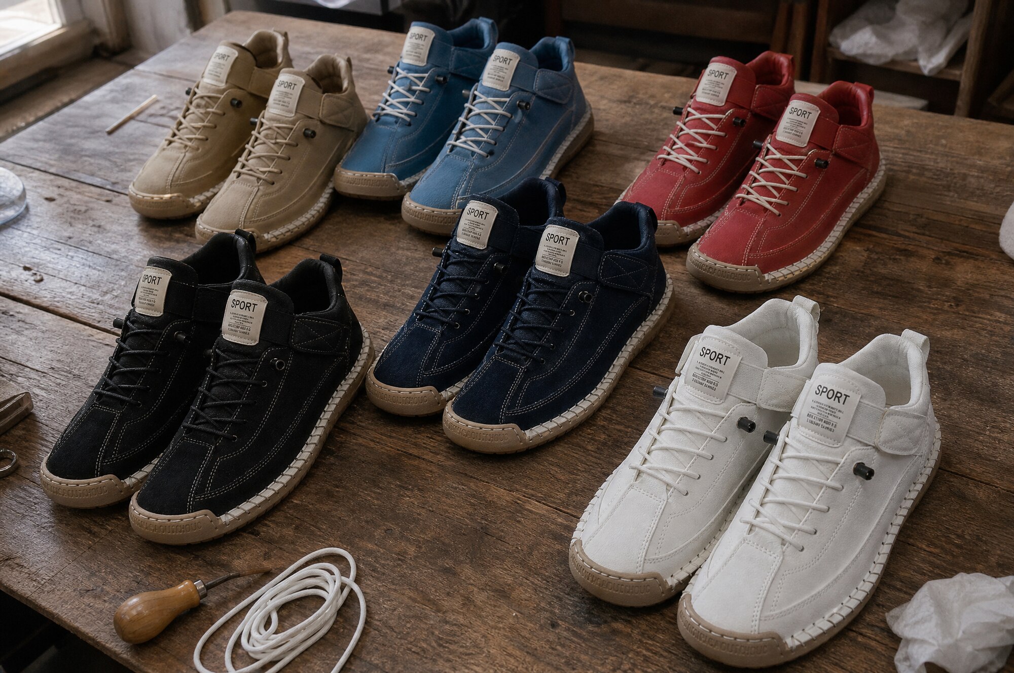 Rosie's Easy Steps sneakers laid out in several different colourways on a wooden table
